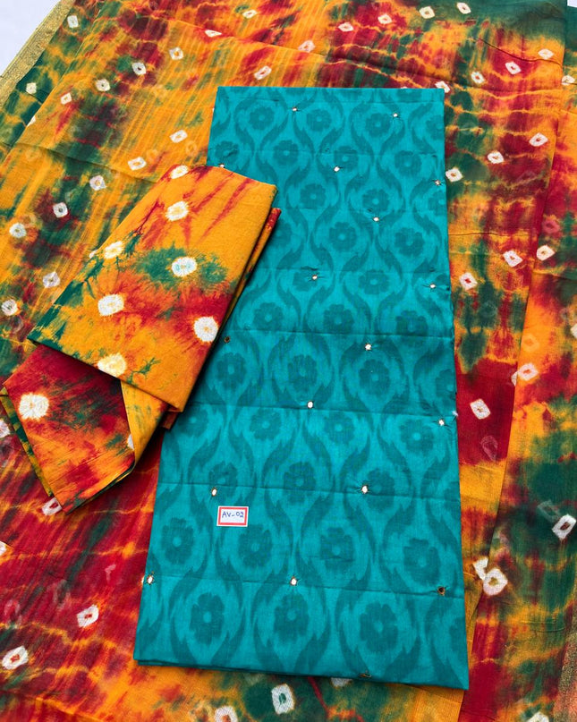 Handcrafted Blue Green Cotton Dress Material with Mirror Work Design