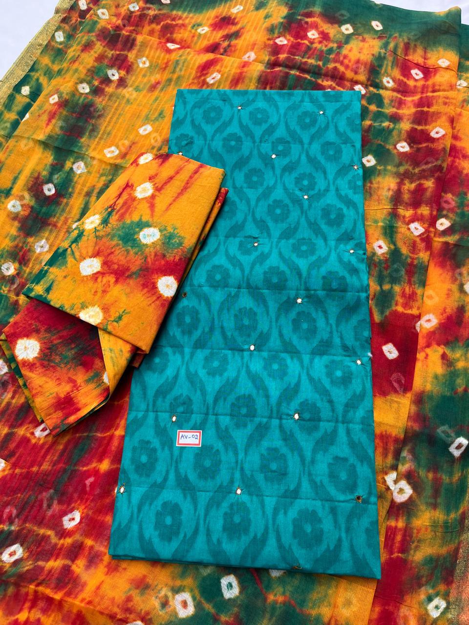 Handcrafted Blue Green Cotton Dress Material with Mirror Work Design