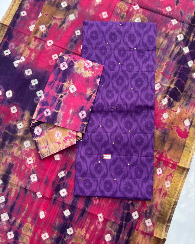 Handcrafted Lavender Cotton Dress Material with Mirror Work Design