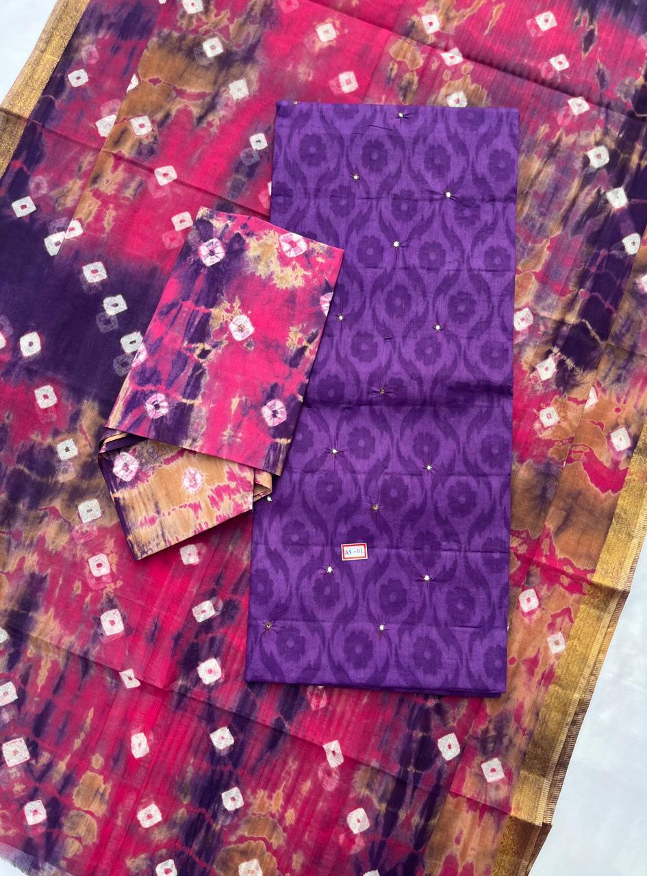 Handcrafted Lavender Cotton Dress Material with Mirror Work Design
