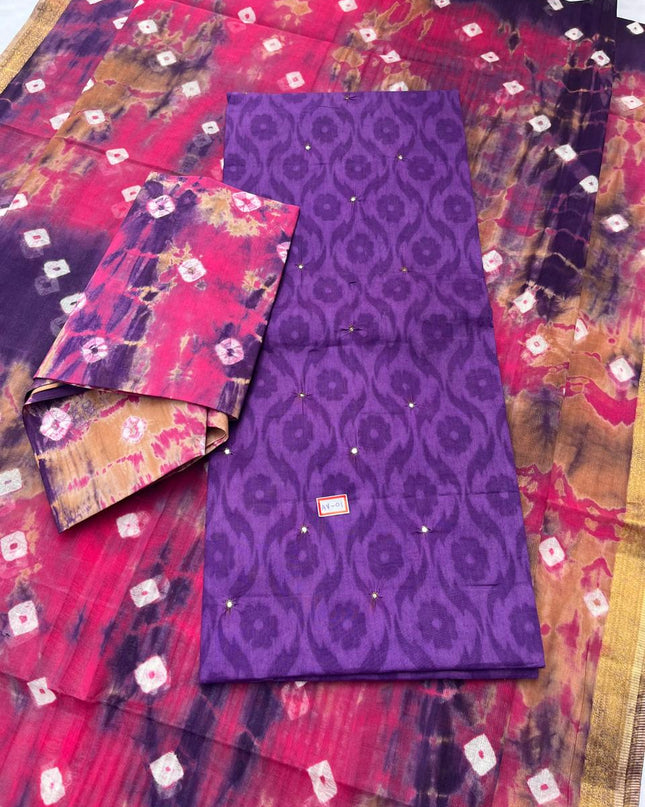 Handcrafted Lavender Cotton Dress Material with Mirror Work Design