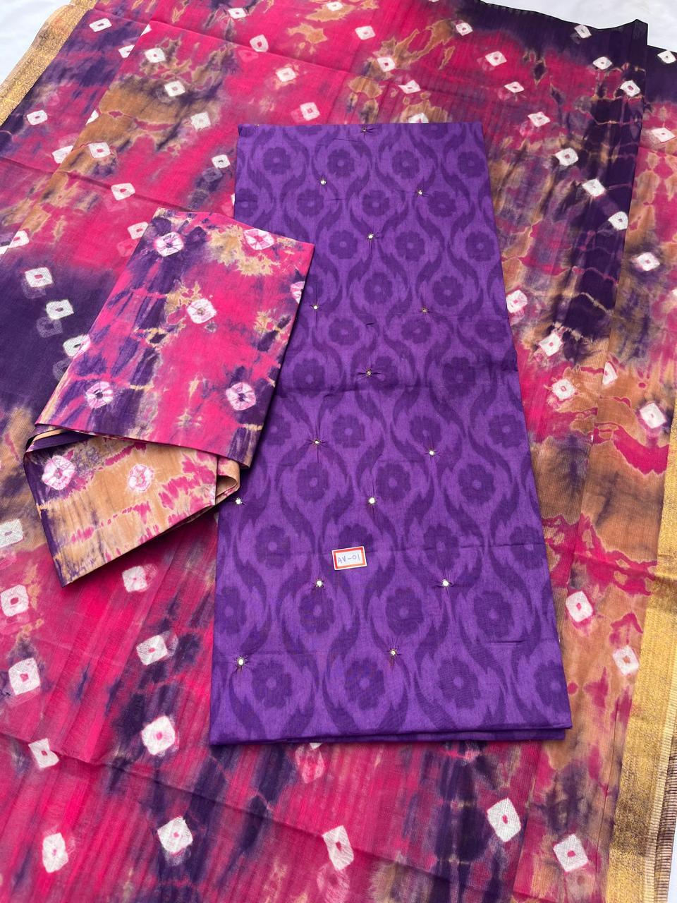 Handcrafted Lavender Cotton Dress Material with Mirror Work Design