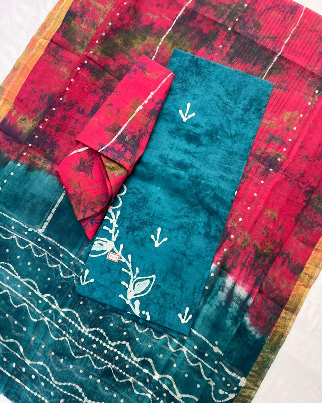 Greenish Blue Cotton Dress Material with Kota Dupatta