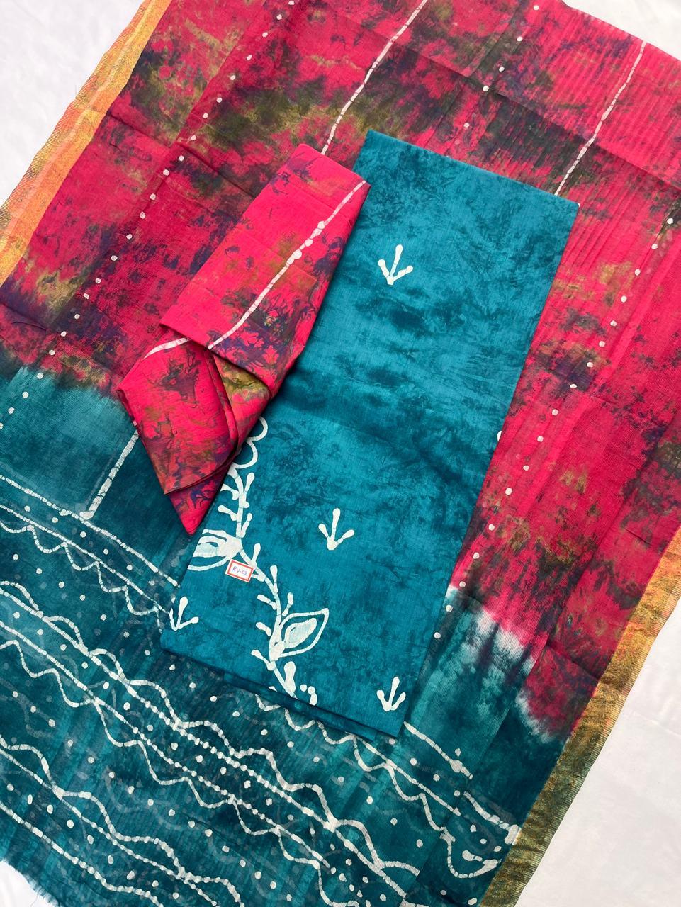 Greenish Blue Cotton Dress Material with Kota Dupatta