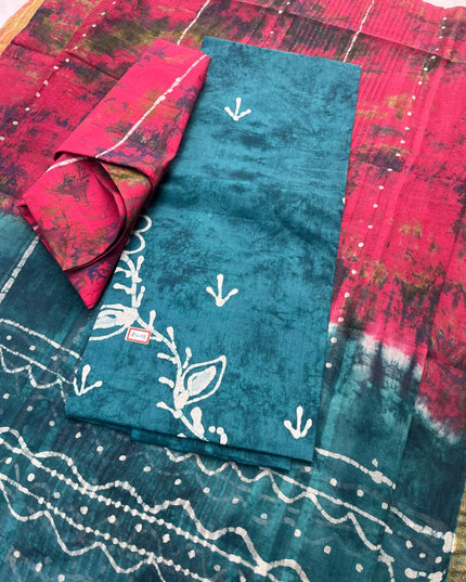 Greenish Blue Cotton Dress Material with Kota Dupatta