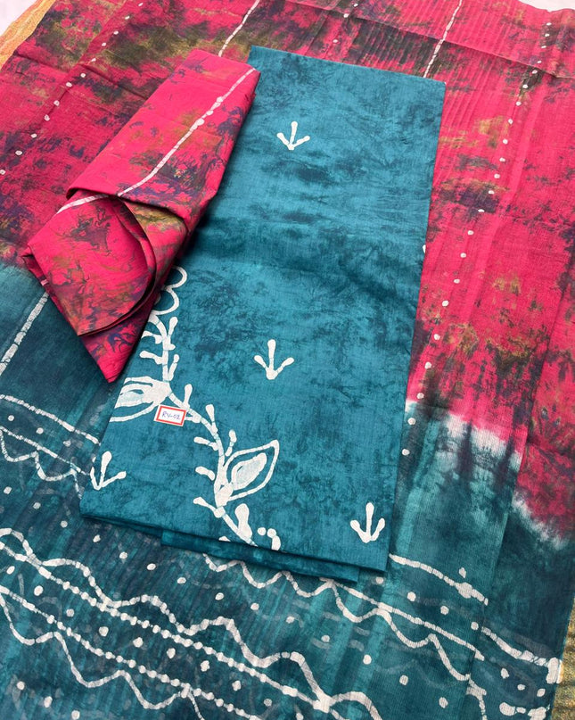 Greenish Blue Cotton Dress Material with Kota Dupatta