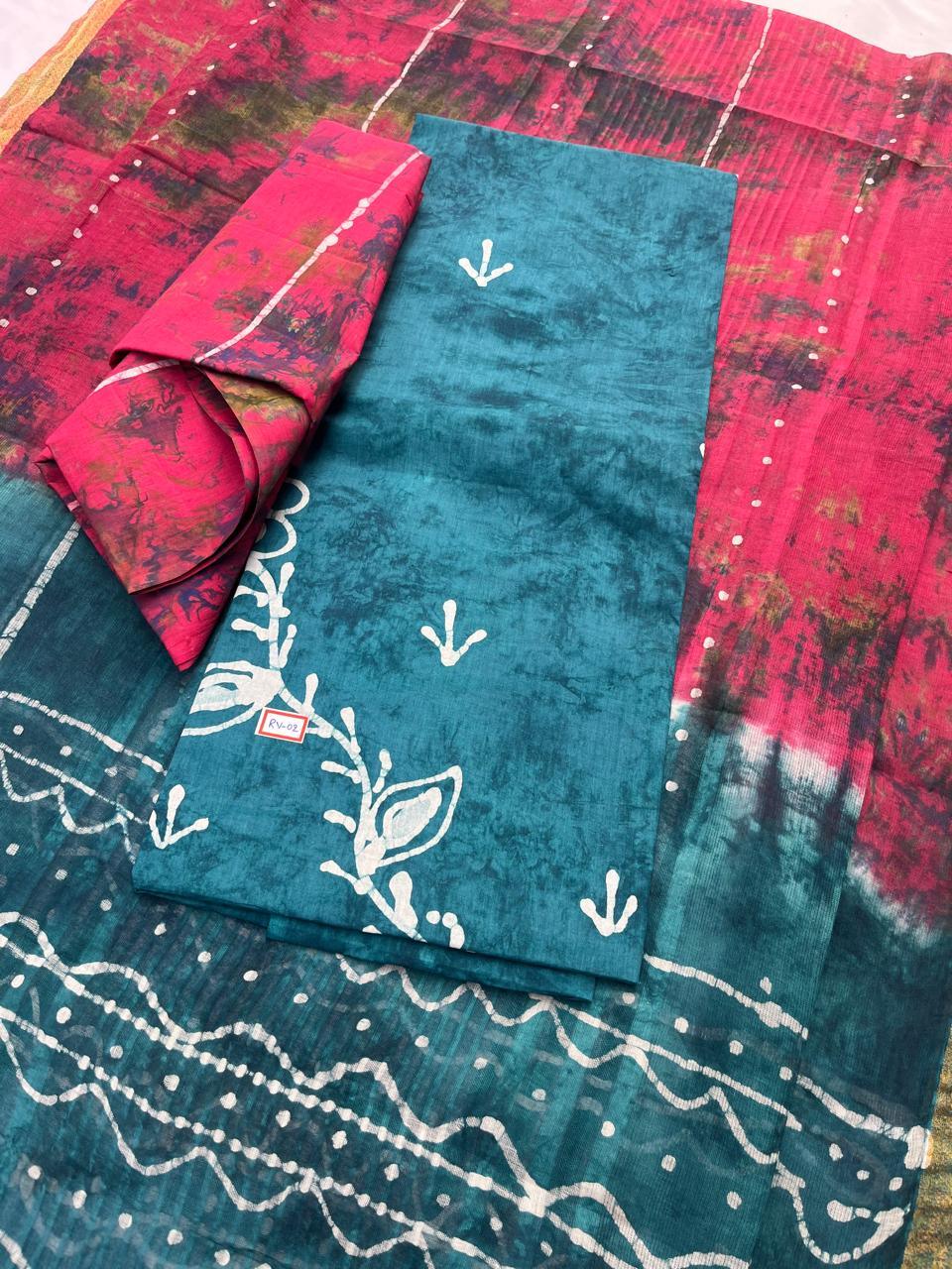 Greenish Blue Cotton Dress Material with Kota Dupatta