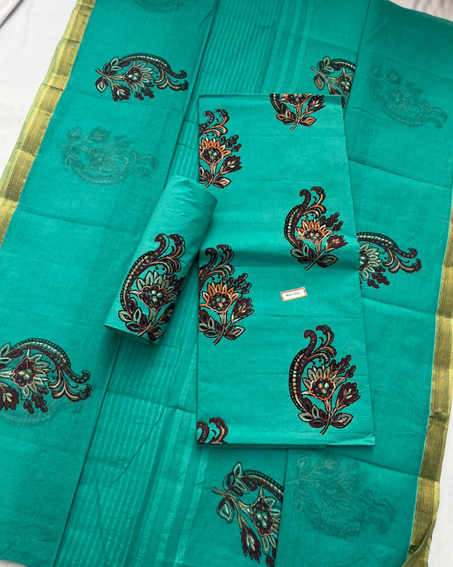 Pure Cotton Blue Green Dress Material with Traditional Applique Work