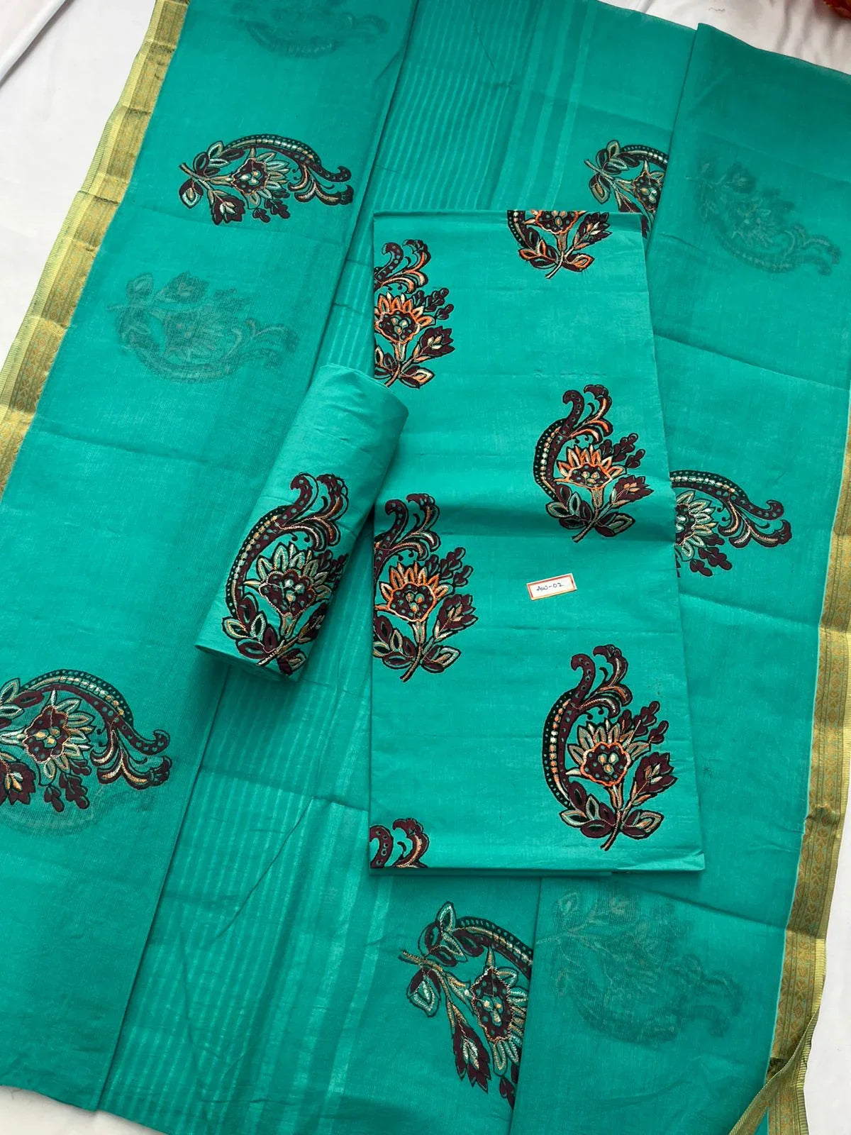 Pure Cotton Blue Green Dress Material with Traditional Applique Work