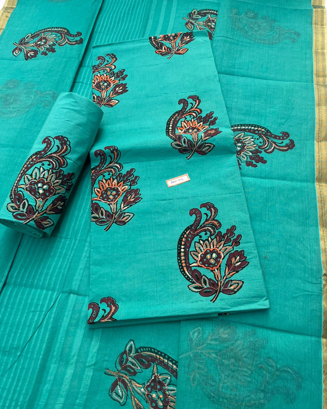 Pure Cotton Blue Green Dress Material with Traditional Applique Work