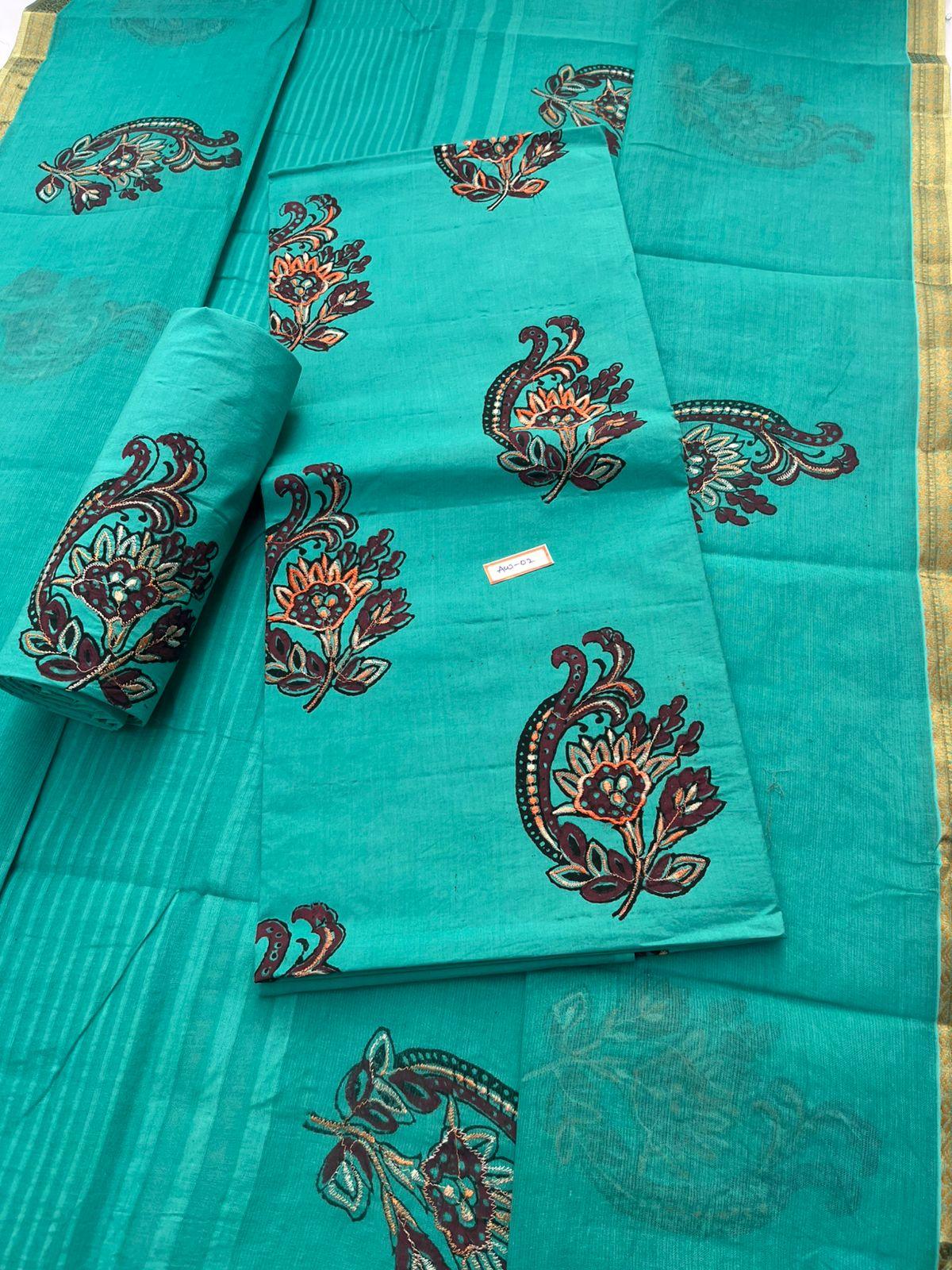 Pure Cotton Blue Green Dress Material with Traditional Applique Work