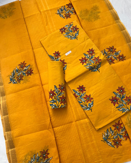 Pure Cotton Yellow Dress Material with Traditional Applique Work