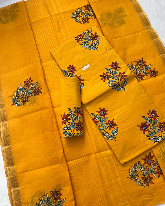 Pure Cotton Yellow Dress Material with Traditional Applique Work