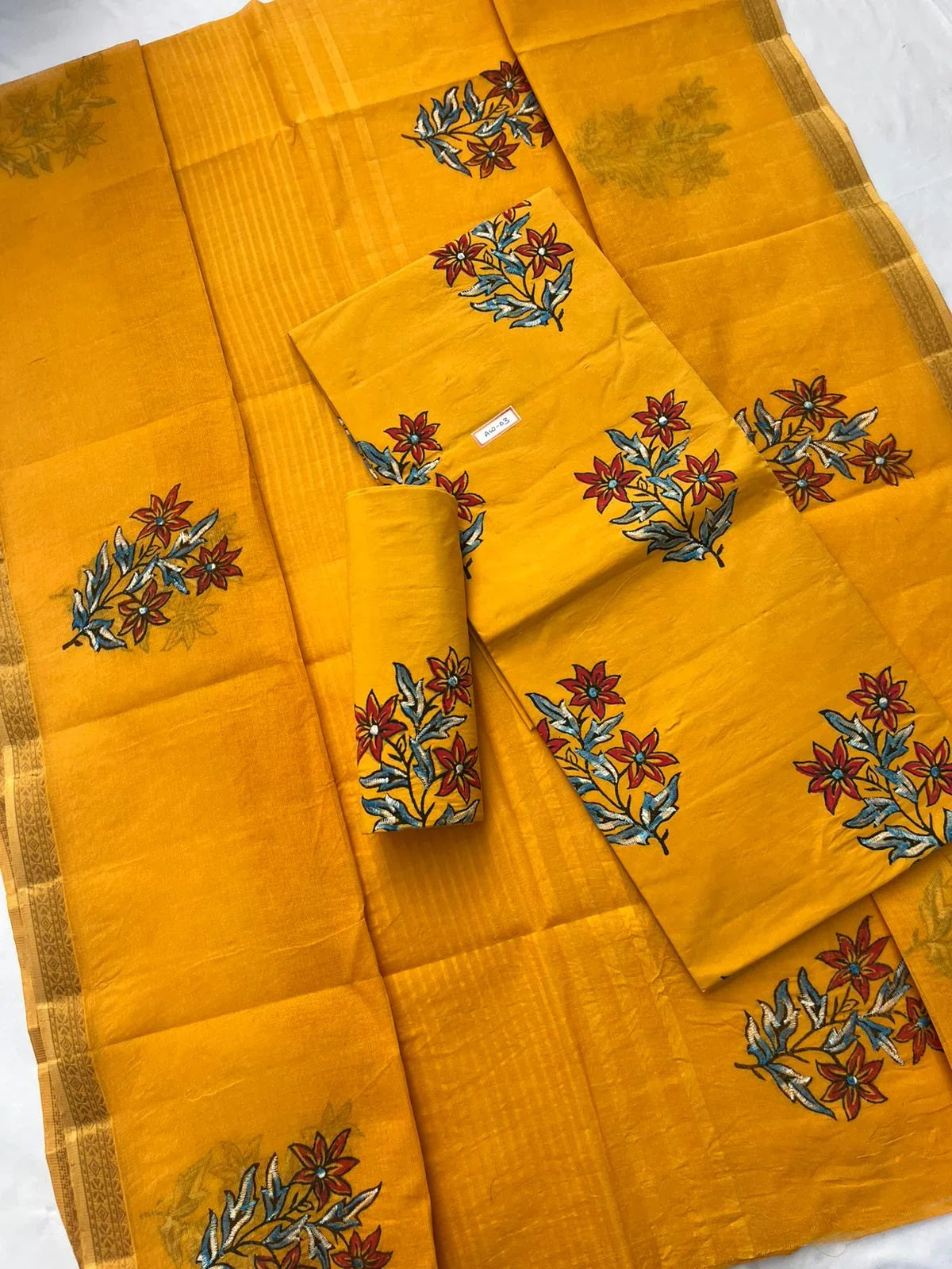 Pure Cotton Yellow Dress Material with Traditional Applique Work
