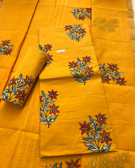 Pure Cotton Yellow Dress Material with Traditional Applique Work