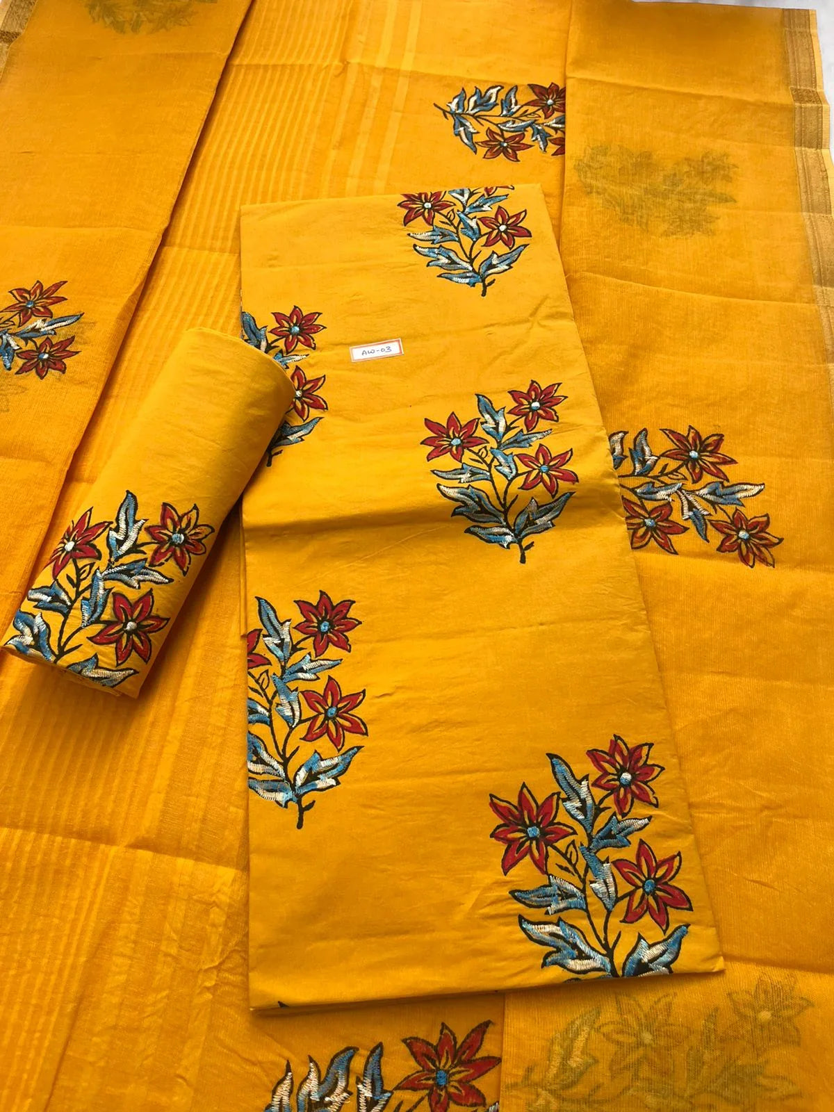 Pure Cotton Yellow Dress Material with Traditional Applique Work