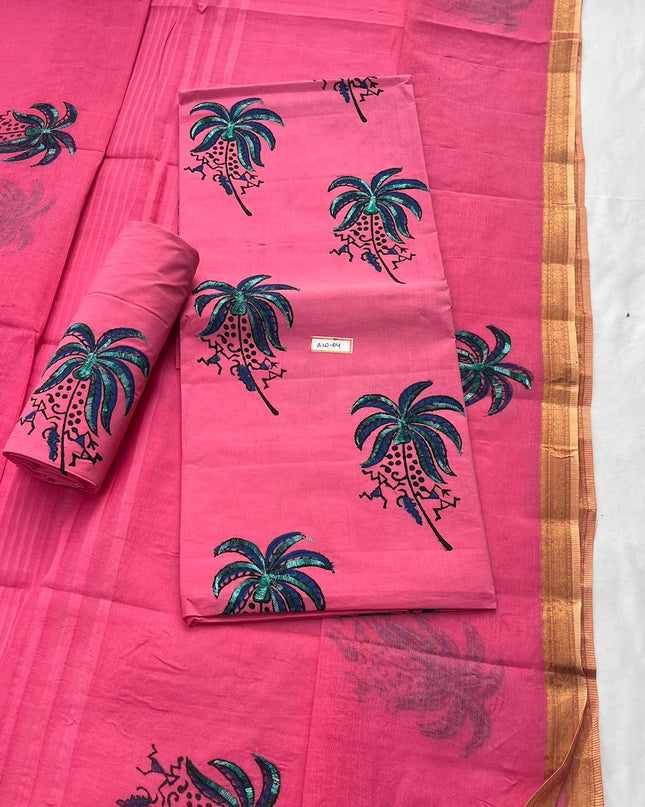 Pure Cotton Baby Pink Dress Material with Traditional Applique Work