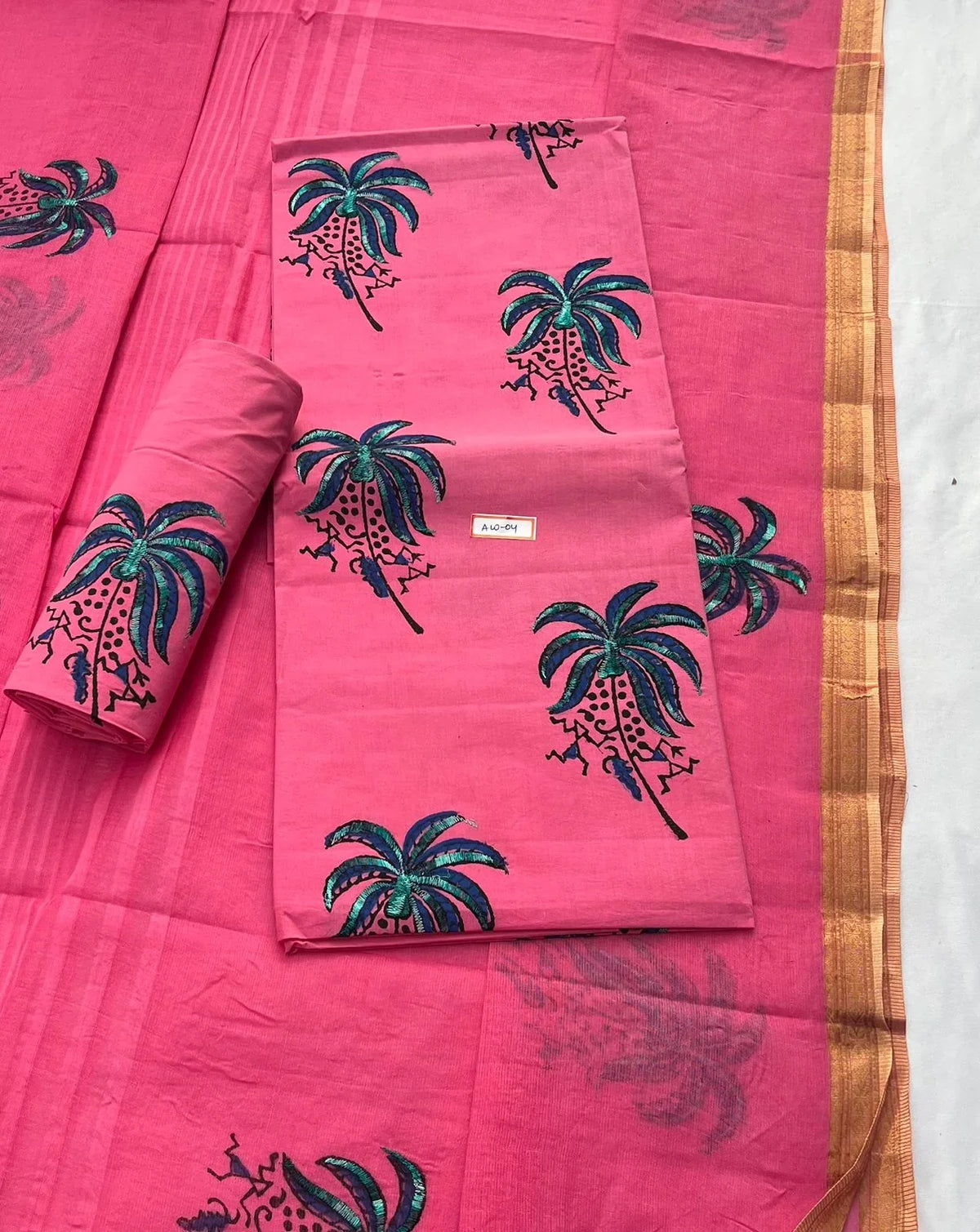 Pure Cotton Baby Pink Dress Material with Traditional Applique Work