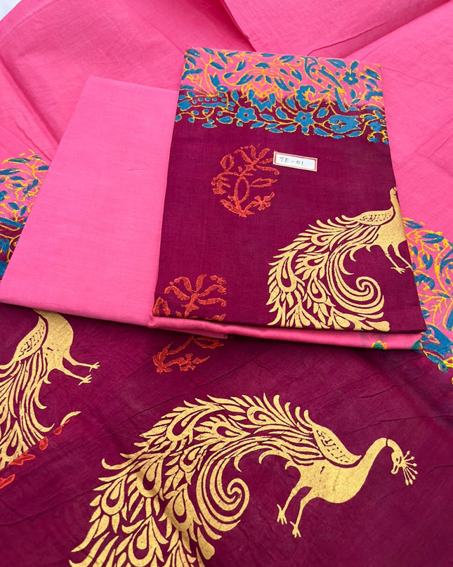 Hot Pink Colour cotton dress material featuring a beautifully crafted peacock design.