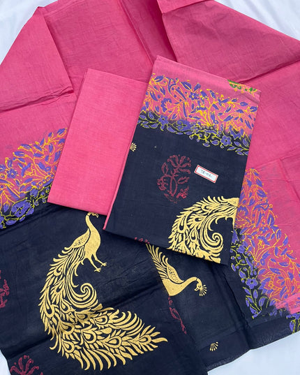 Baby Pink Colour cotton dress material featuring a beautifully crafted peacock design.