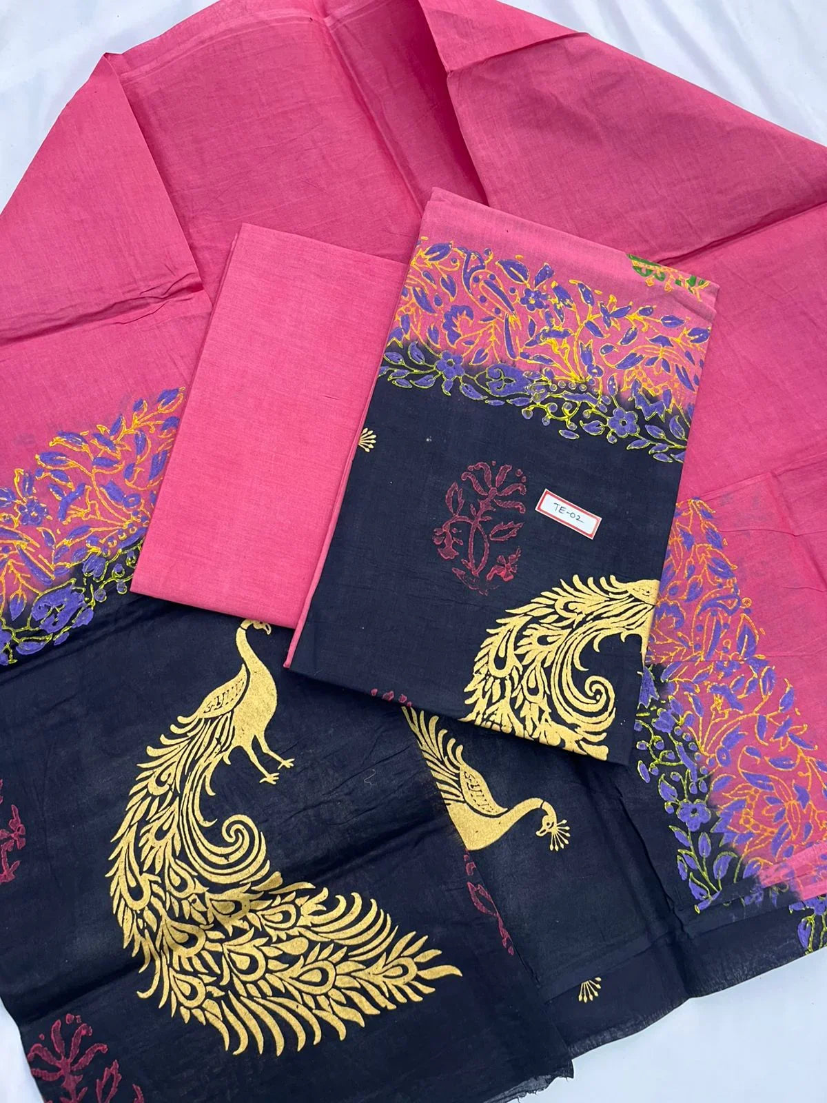Baby Pink Colour cotton dress material featuring a beautifully crafted peacock design.
