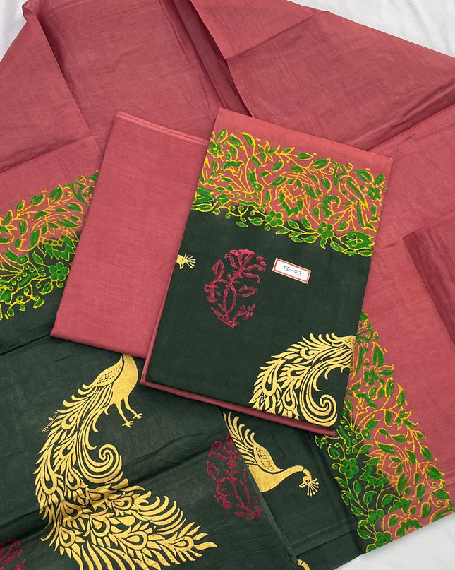 Brownish Red Colour cotton dress material featuring a beautifully craf   Bhavana Handlooms