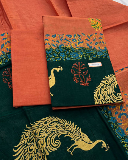 Sunrise Orange Colour cotton dress material featuring a beautifully crafted peacock design.