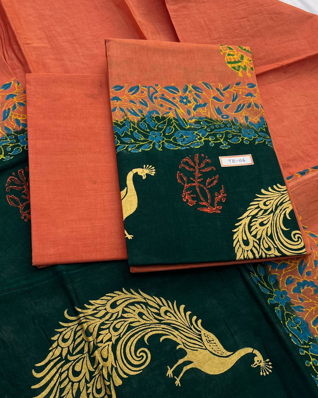 Sunrise Orange Colour cotton dress material featuring a beautifully crafted peacock design.