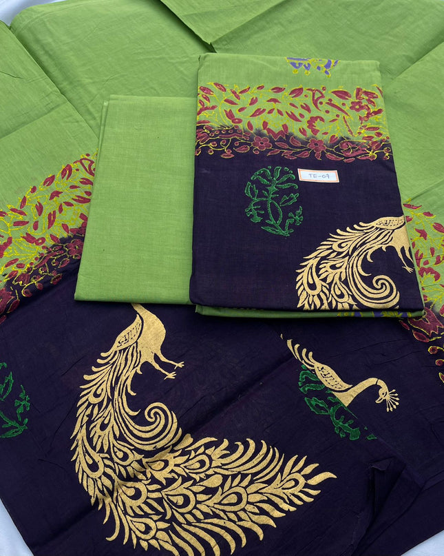 Green Colour cotton dress material featuring a beautifully crafted peacock design.