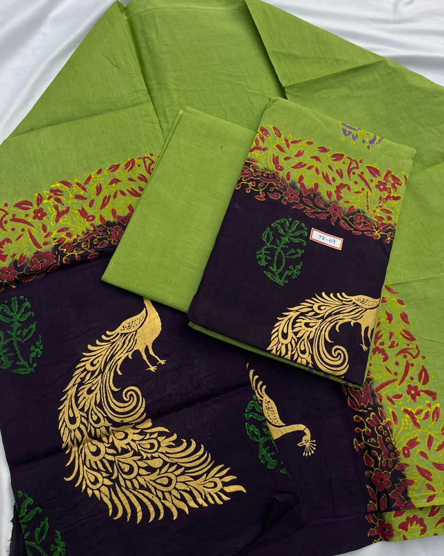 Green Colour cotton dress material featuring a beautifully crafted pea – Bhavana Handlooms
