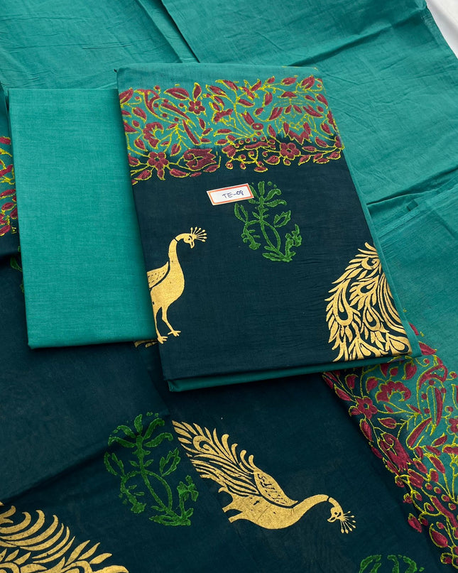 Sea Blue Colour cotton dress material featuring a beautifully crafted peacock design.