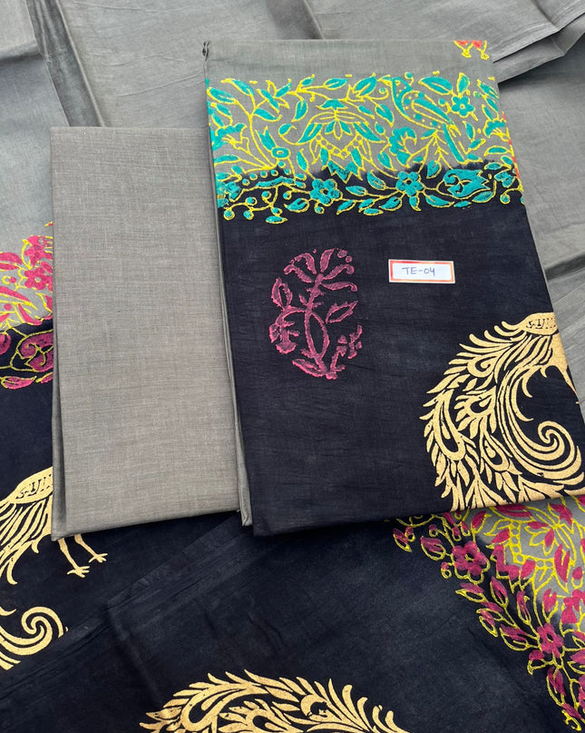 Gray Colour cotton dress material featuring a beautifully crafted peacock design.