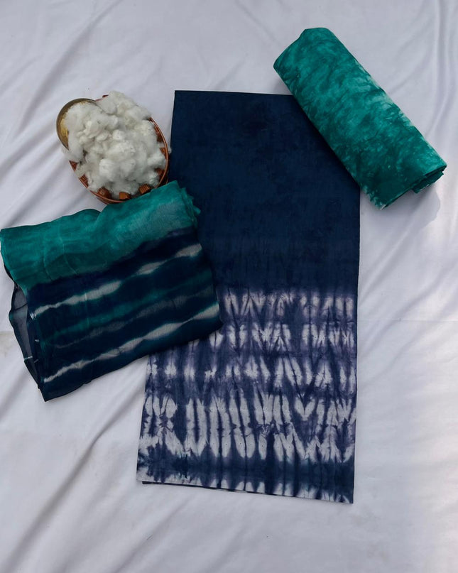 Navy Blue Cotton Dress Material with Soft Chiffon Dupatta