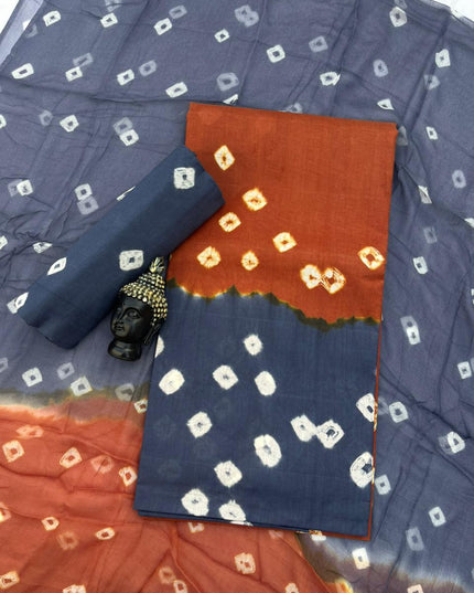 Brown Rust Cotton Dress Material with Soft Chiffon Dupatta