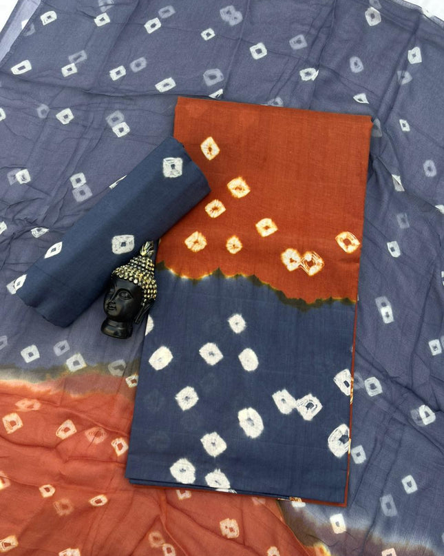 Brown Rust Cotton Dress Material with Soft Chiffon Dupatta