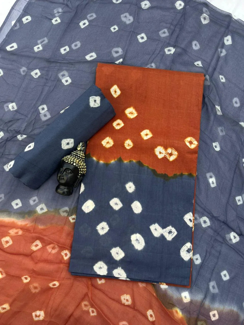 Brown Rust Cotton Dress Material with Soft Chiffon Dupatta