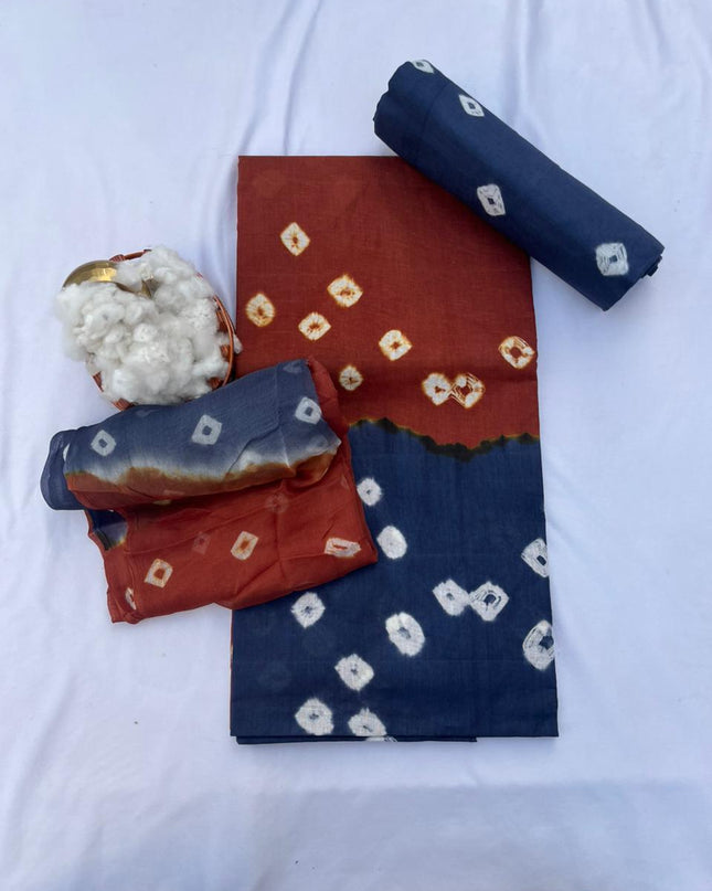 Brown Rust Cotton Dress Material with Soft Chiffon Dupatta
