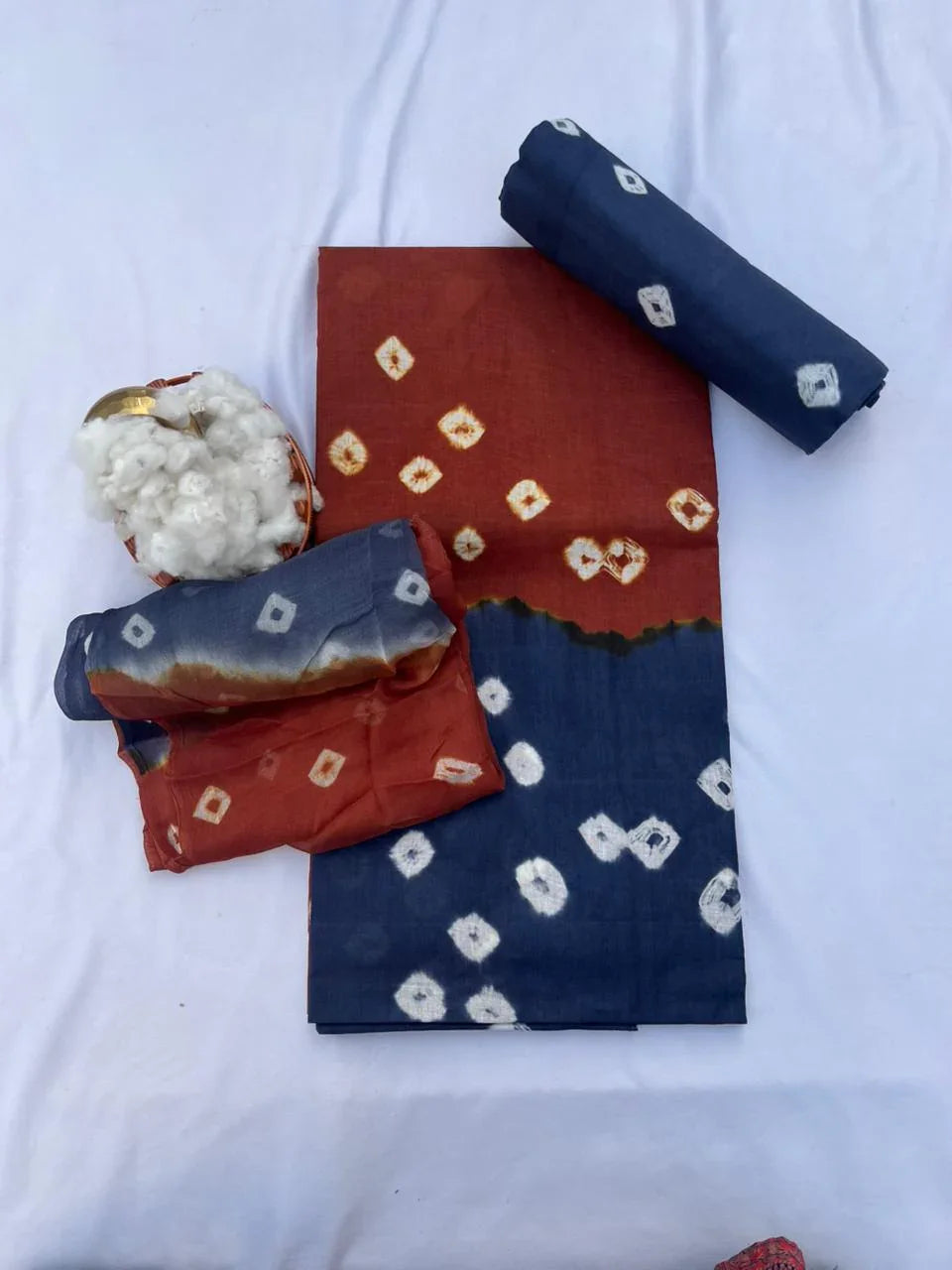 Brown Rust Cotton Dress Material with Soft Chiffon Dupatta
