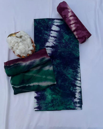 Blue Green Cotton Dress Material with Soft Chiffon Dupatta