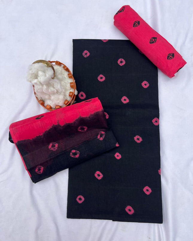 Classic Bandhani Dress Material – Black Top Pink Bottom | Cotton Fabric