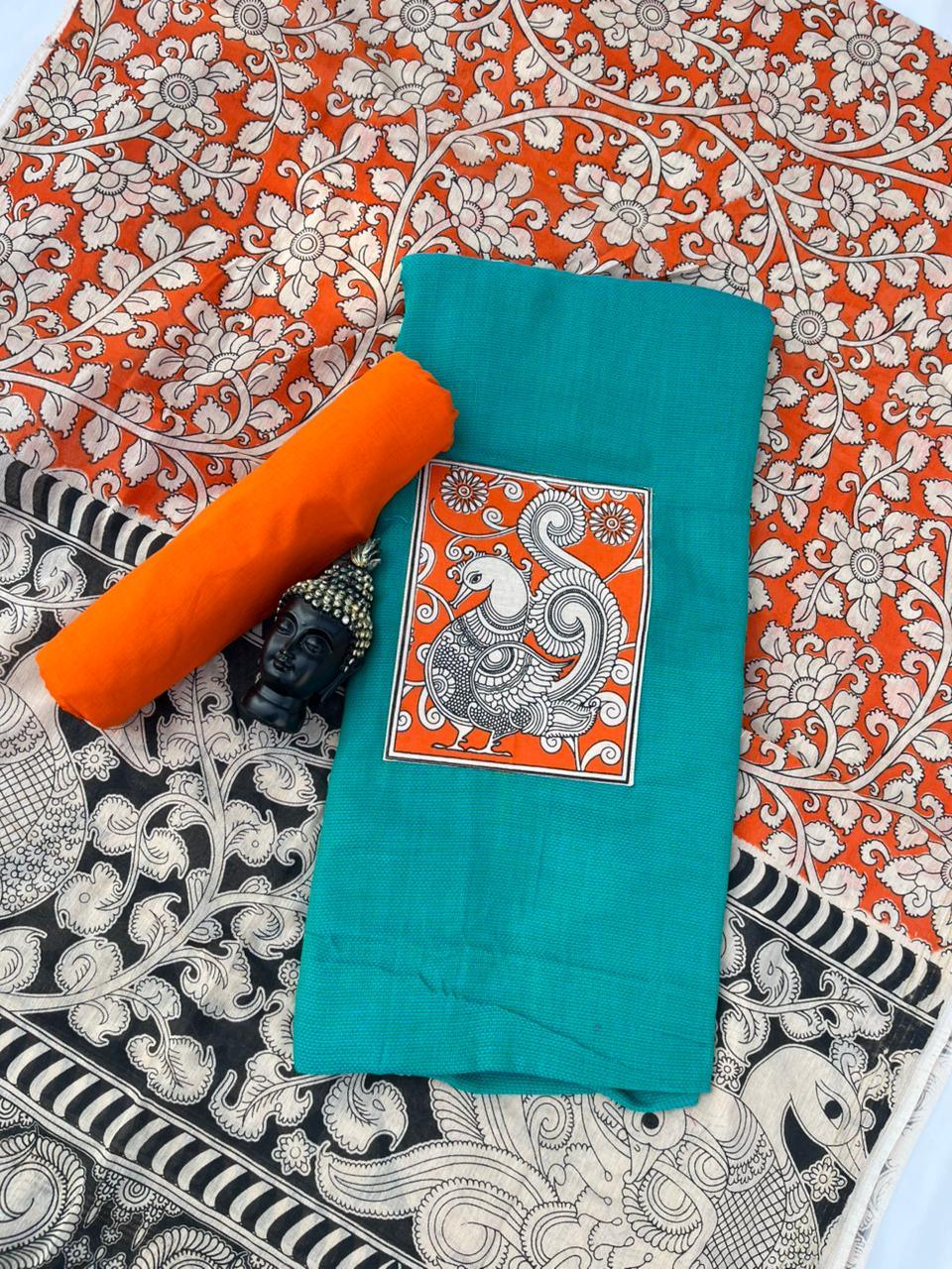 Kalamkari cotton Dress Material with Green colour