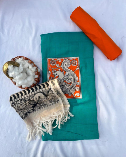 Kalamkari cotton Dress Material with Green colour