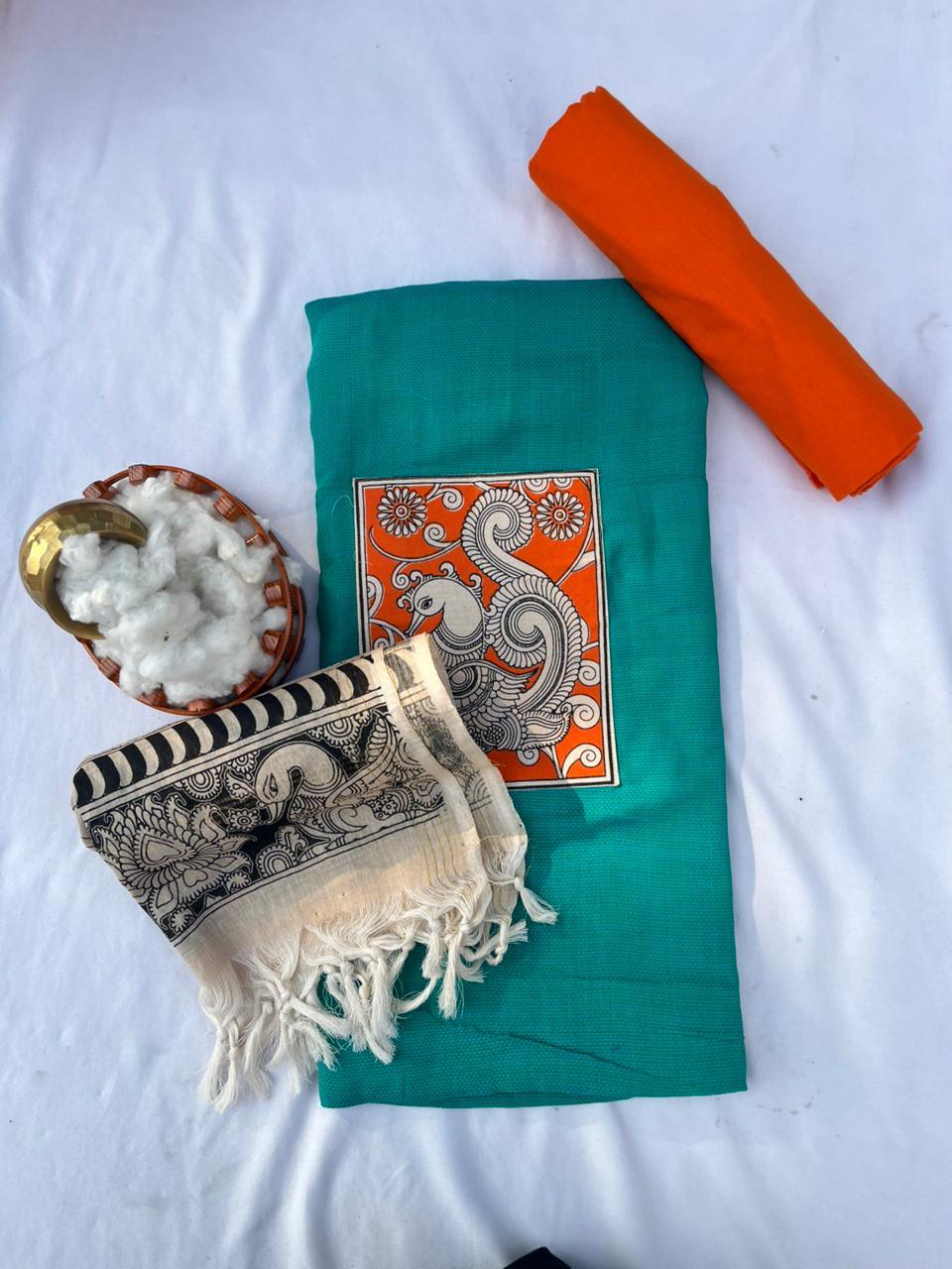 Kalamkari cotton Dress Material with Green colour