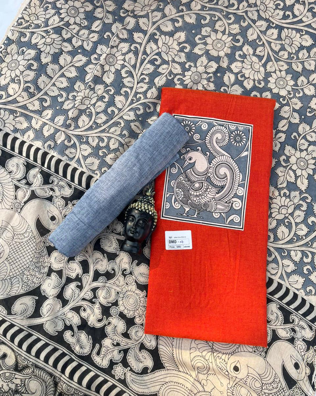 Kalamkari cotton Dress Material with Orange colour