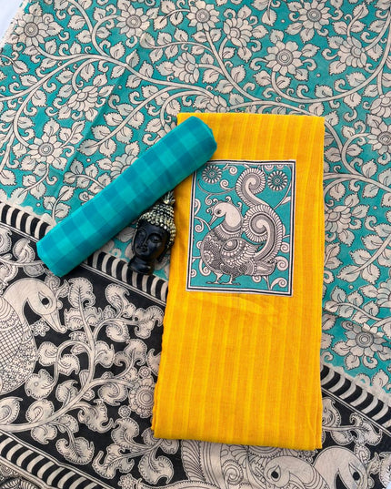 Kalamkari cotton Dress Material with Yellow colour