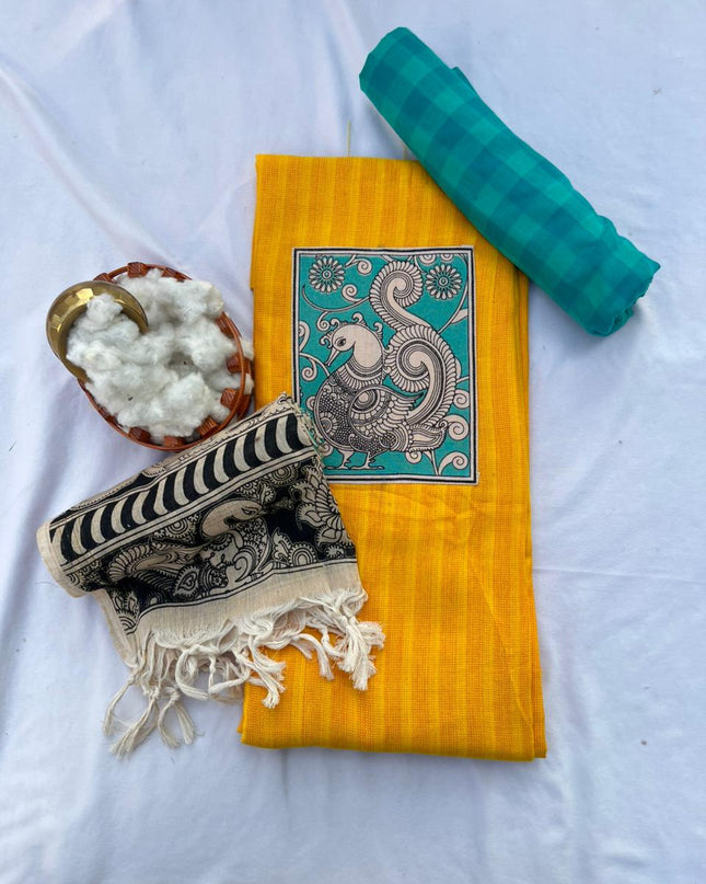 Kalamkari cotton Dress Material with Yellow colour