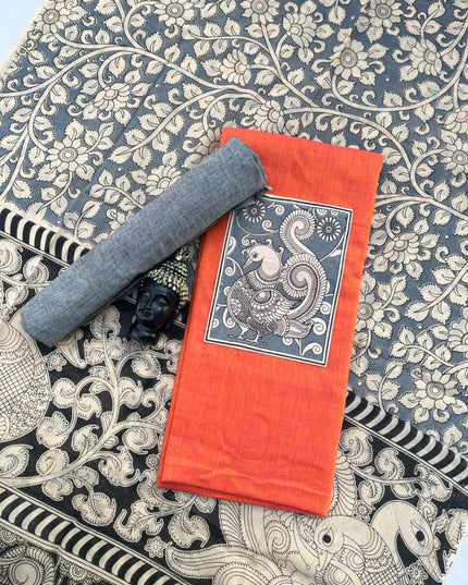 Kalamkari cotton Dress Material with Orange colour