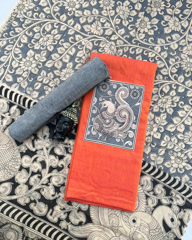 Kalamkari cotton Dress Material with Orange colour