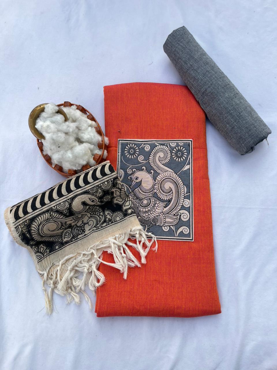 Orange Color Mirror Work Top Material And Contrast Pant Material With Kalamkari Dupatta