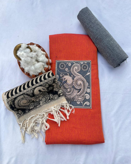 Kalamkari cotton Dress Material with Orange colour